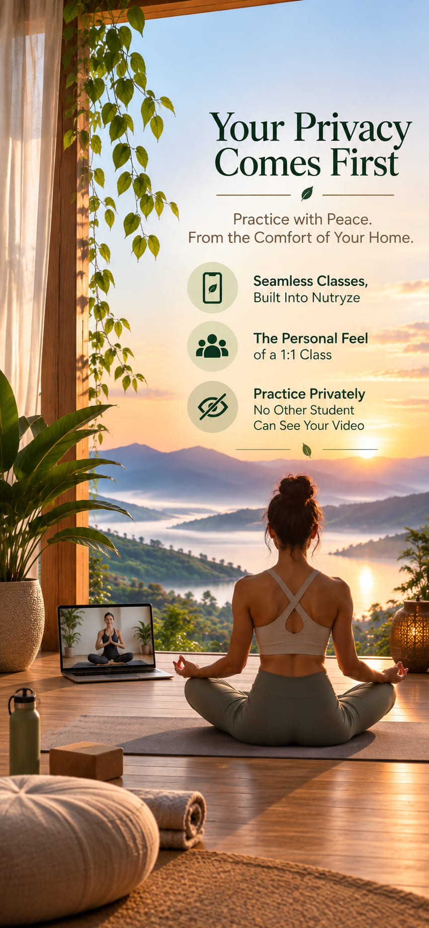 Live yoga teacher and a featured student connected while other participant views are muted