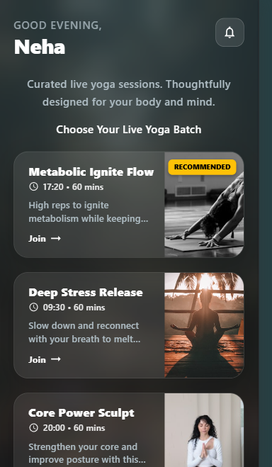 App Live Yoga Batches Screen
