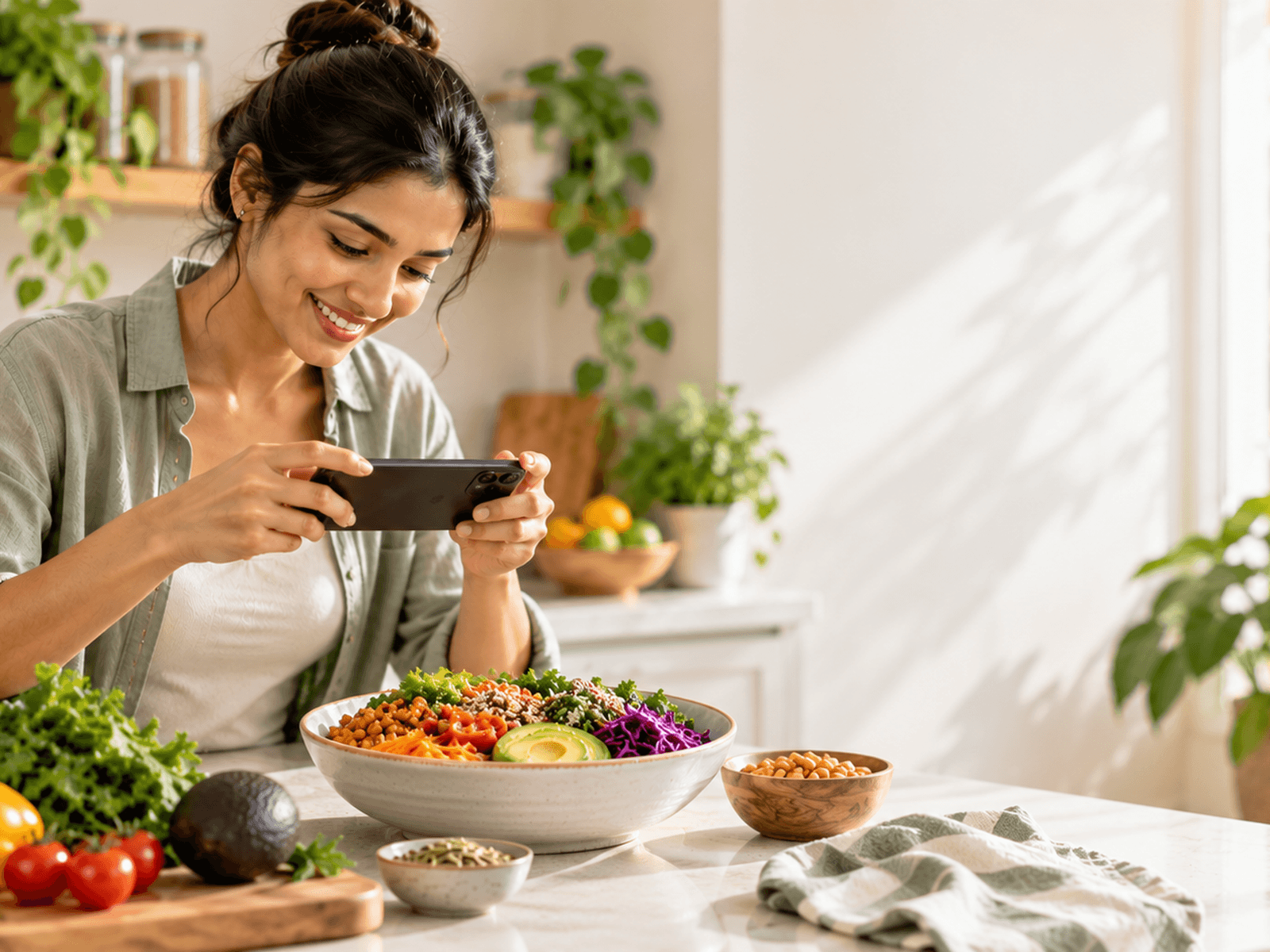 Smartphone camera focused on an everyday meal for nutrition analysis
