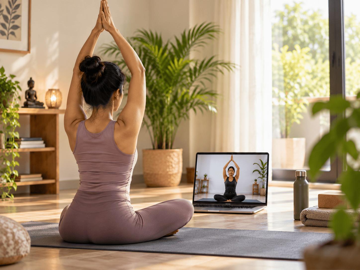 Live yoga class with teacher guidance in a calm environment