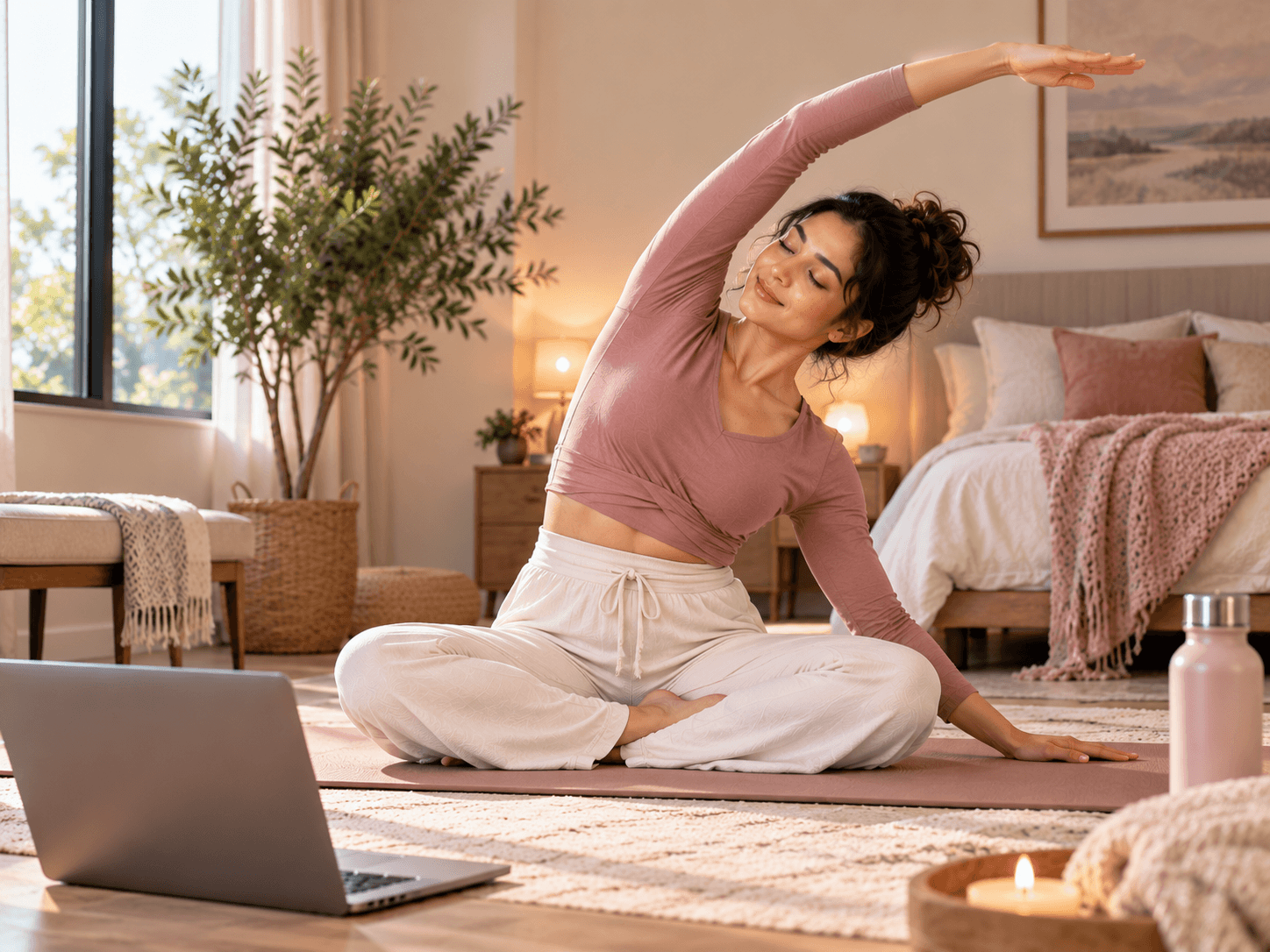 Solo practitioner in a peaceful private-feeling home environment, relaxed and focused