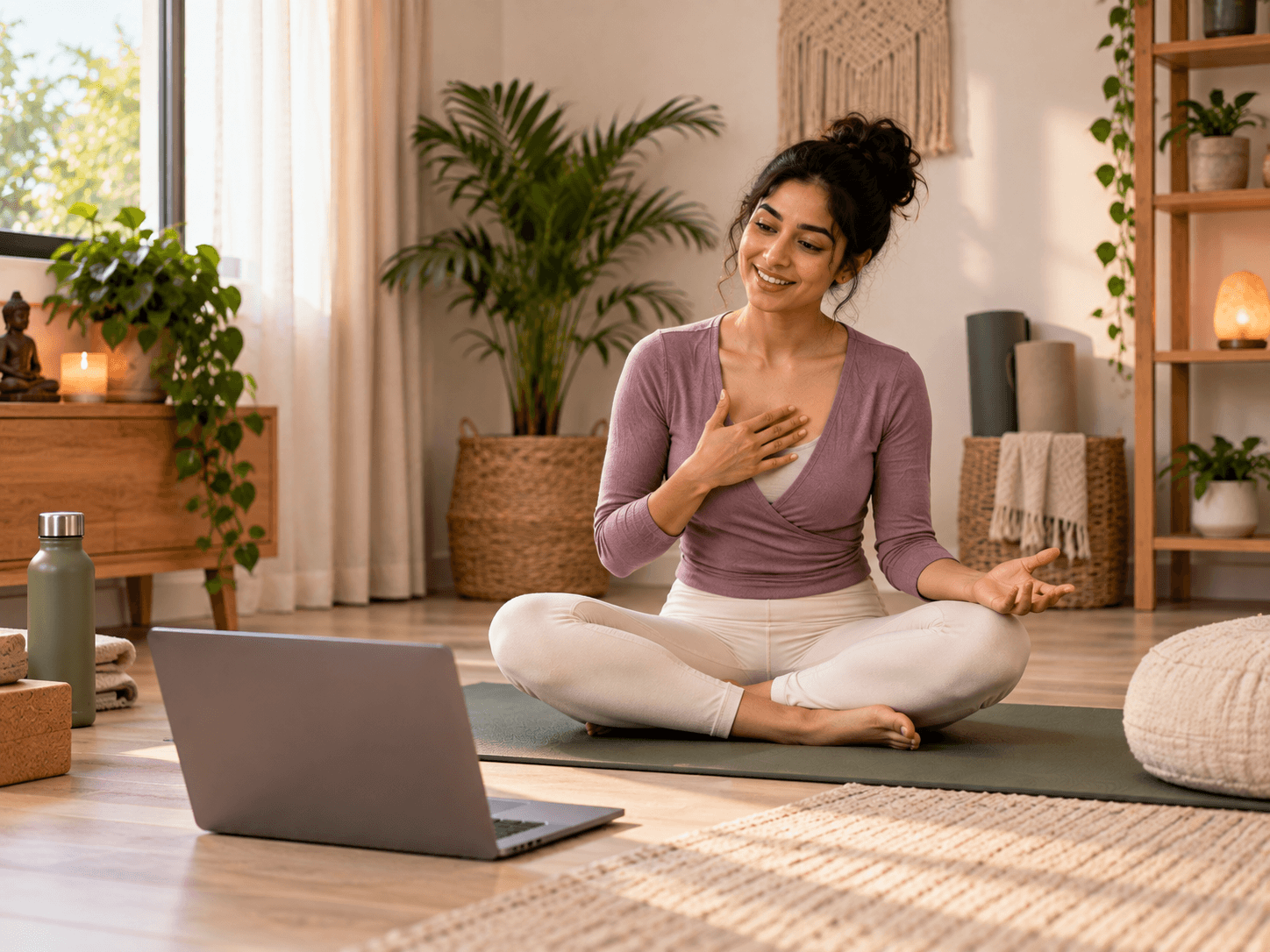 Indian yoga teacher leading a live online class